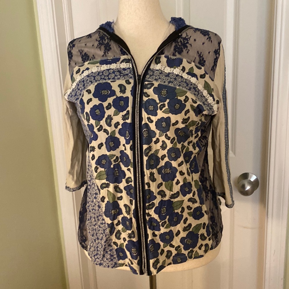 Vanilla Sugar vintage denim blue/offwhite/floral zipper 3/4 sleeve hoodie jacket
